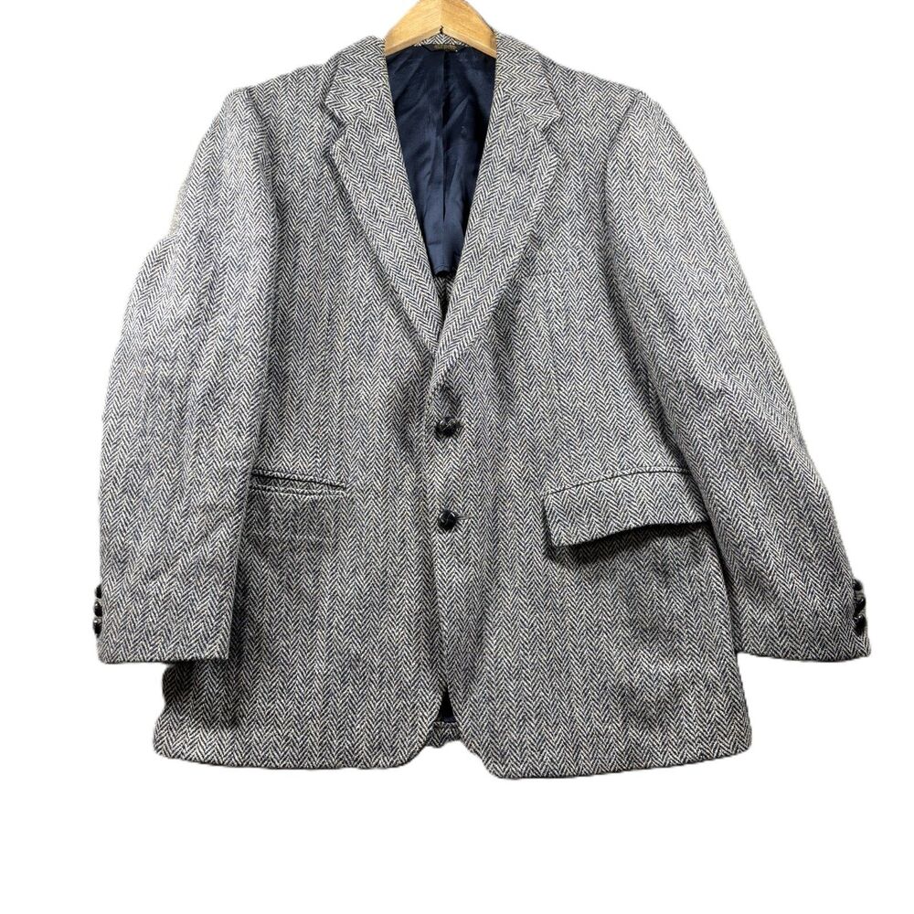 Harris Tweed Men Blazer Herringbone Scottish Wool Wood Buttons Vintage USA 40L